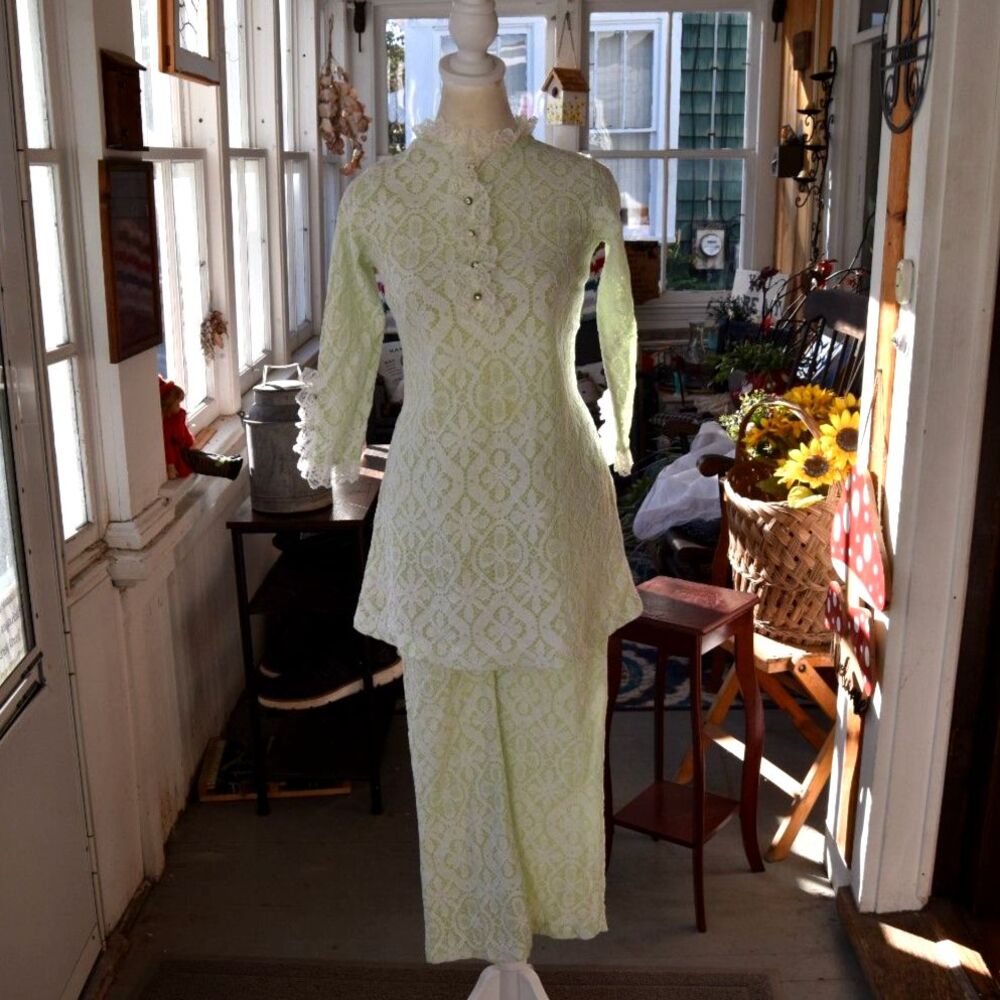 Vintage 60s 70s Green White Lace Tunic Pants Set Ruffle Trim XS